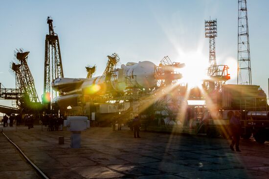 Soyuz-FG booster with Soyuz TMA-11M spaceship installed for launch at Baikonur Cosmodrome