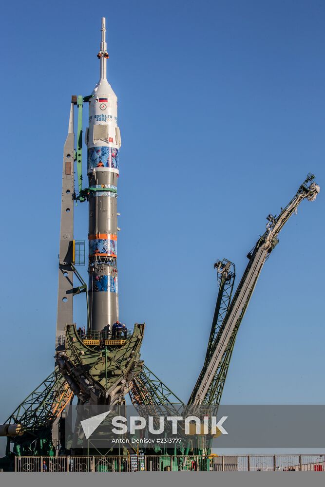 Soyuz-FG booster with Soyuz TMA-11M spaceship installed for launch at Baikonur Cosmodrome