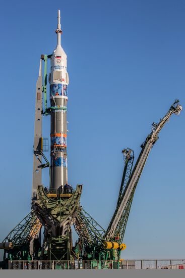 Soyuz-FG booster with Soyuz TMA-11M spaceship installed for launch at Baikonur Cosmodrome