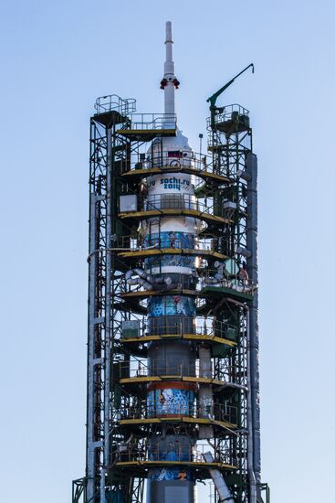 Soyuz-FG booster with Soyuz TMA-11M spaceship installed for launch at Baikonur Cosmodrome