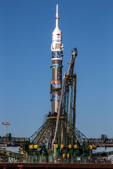 Soyuz-FG booster with Soyuz TMA-11M spaceship installed for launch at Baikonur Cosmodrome