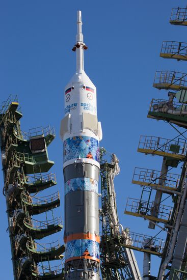 Soyuz-FG booster with Soyuz TMA-11M spaceship installed for launch at Baikonur Cosmodrome