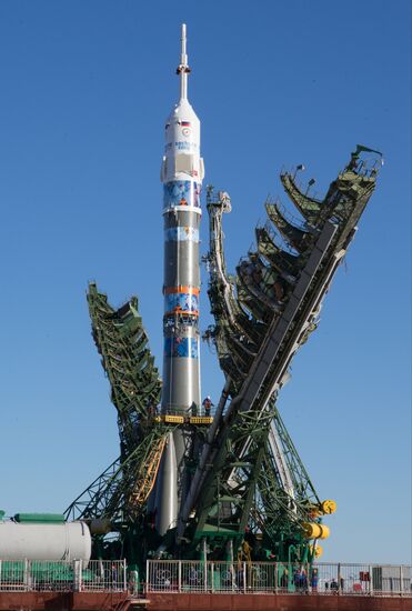 Soyuz-FG booster with Soyuz TMA-11M spaceship installed for launch at Baikonur Cosmodrome