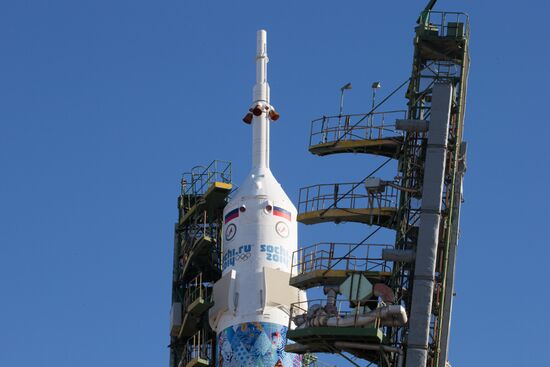 Soyuz-FG booster with Soyuz TMA-11M spaceship installed for launch at Baikonur Cosmodrome