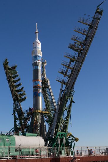 Soyuz-FG booster with Soyuz TMA-11M spaceship installed for launch at Baikonur Cosmodrome