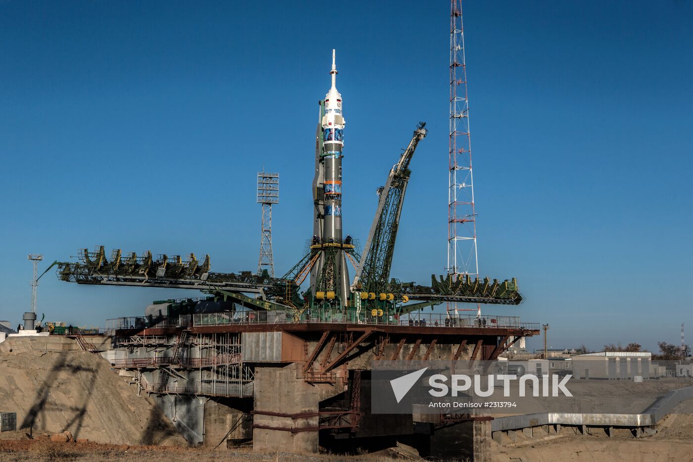 Soyuz-FG booster with Soyuz TMA-11M spaceship installed for launch at Baikonur Cosmodrome