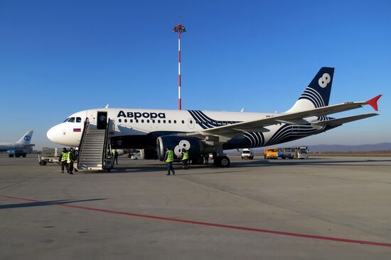 Avrora airlines plane arrives from Moscow in Vladivostok