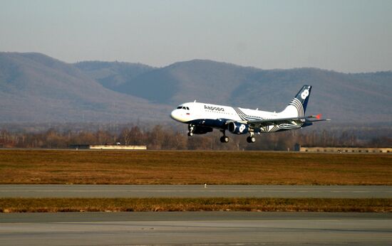 Avrora airlines plane arrives from Moscow in Vladivostok