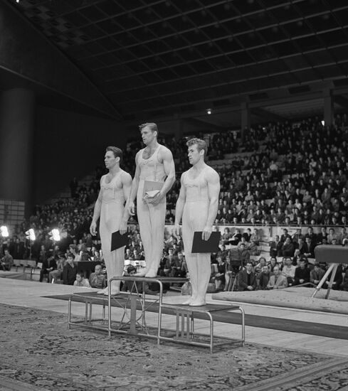 Gymnasts Yury Titov, Boris Shakhlin, Yury Makurin