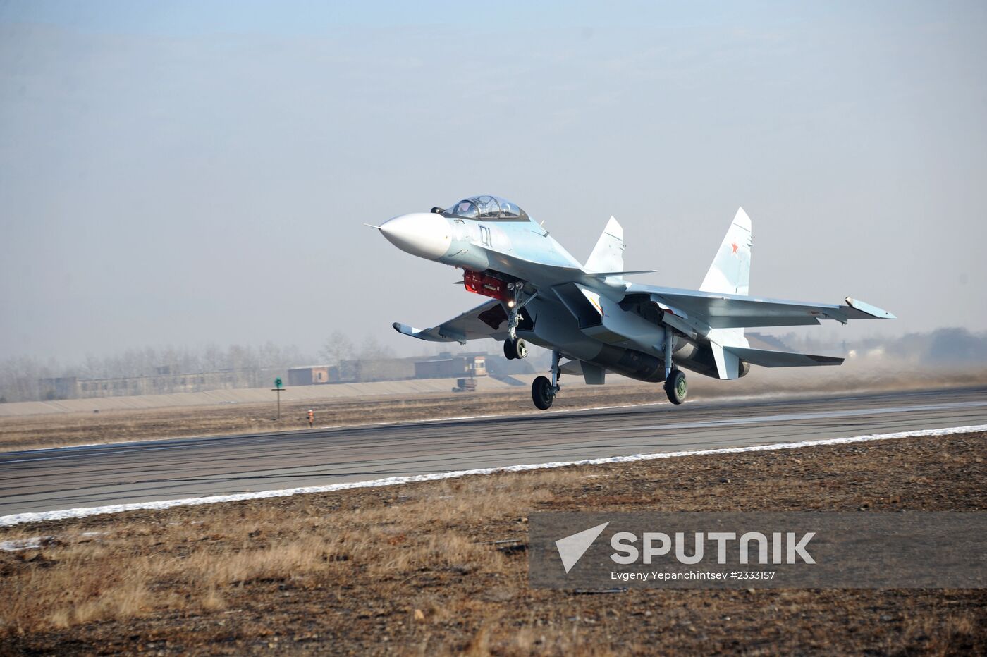 First flights of advanced fighter aircraft SU-30 SM at air base in Trans-Baikal