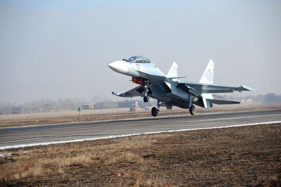 First flights of advanced fighter aircraft SU-30 SM at air base in Trans-Baikal
