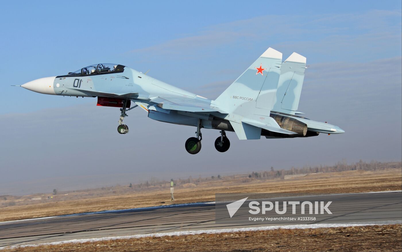 First flights of advanced fighter aircraft SU-30 SM at air base in Trans-Baikal
