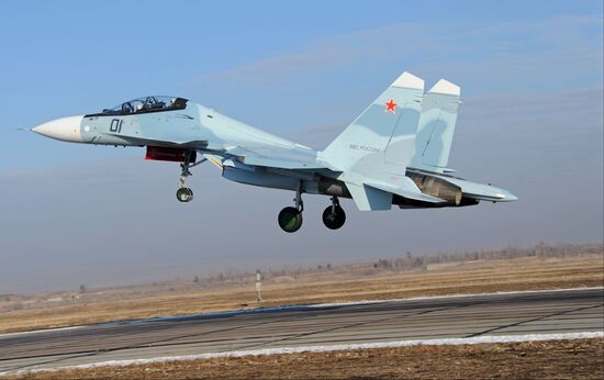 First flights of advanced fighter aircraft SU-30 SM at air base in Trans-Baikal