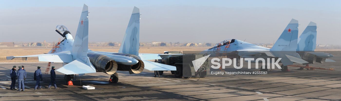 First flights of advanced fighter aircraft SU-30 SM at air base in Trans-Baikal