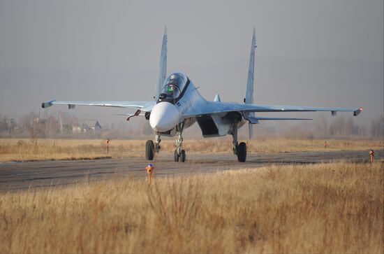 First flights of advanced fighter aircraft SU-30 SM at air base in Trans-Baikal