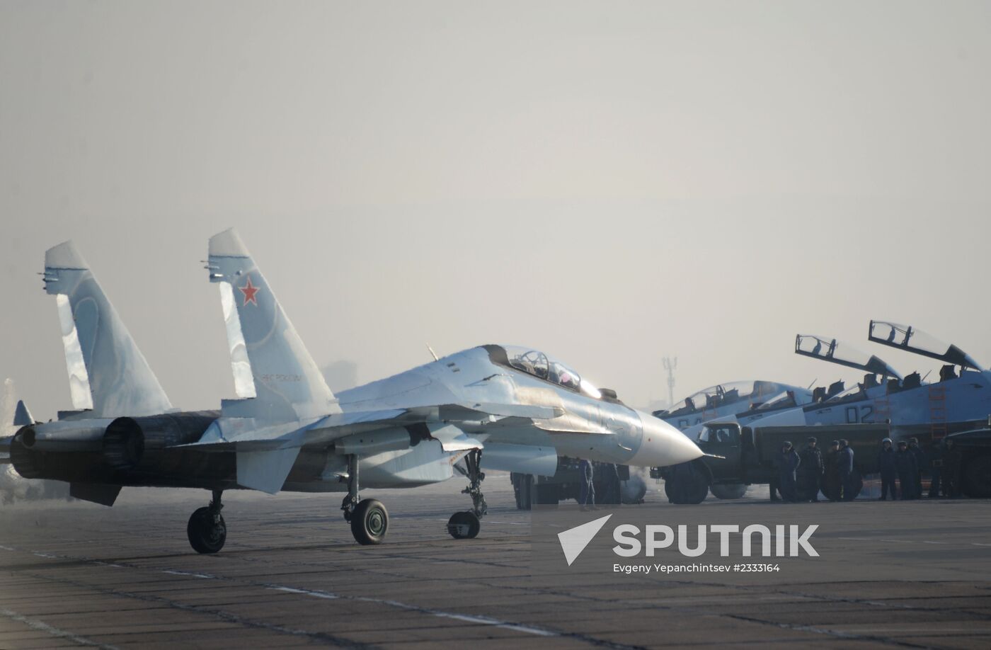 First flights of advanced fighter aircraft SU-30 SM at air base in Trans-Baikal