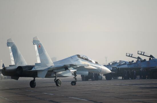 First flights of advanced fighter aircraft SU-30 SM at air base in Trans-Baikal