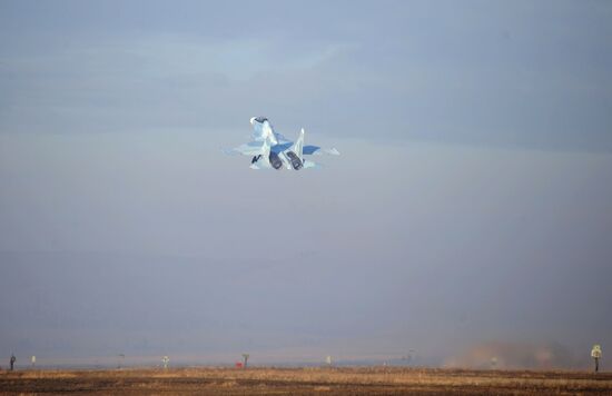 First flights of advanced fighter aircraft SU-30 SM at air base in Trans-Baikal