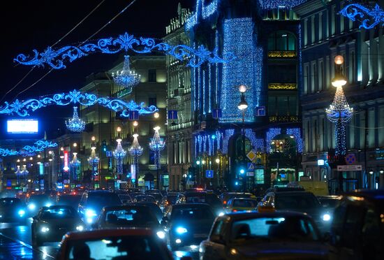 Festive decorations for New Year's in downtown St. Petersburg