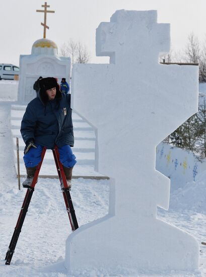 Preparation of ice holes for Epiphany bathing in Russia