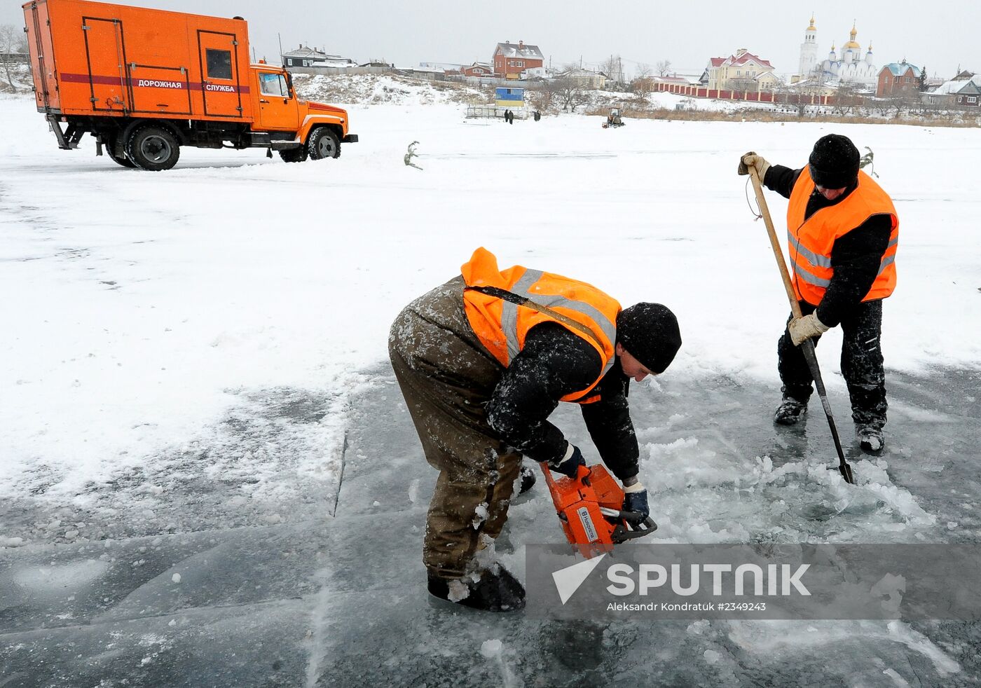 Preparation of ice holes for Epiphany bathing in Russia