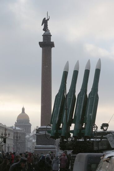 Military equipment displayed on Dvortsovaya Square