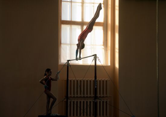 Gymnastics training session at Manege sports complex in Veliky Novgorod