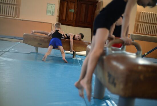 Gymnastics training session at Manege sports complex in Veliky Novgorod