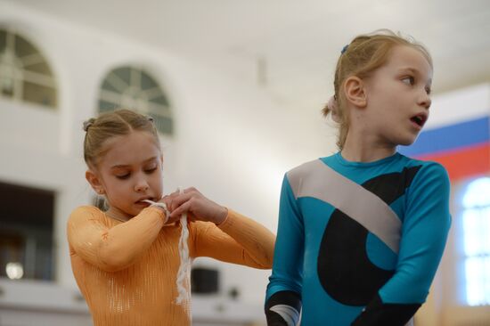 Gymnastics training session at Manege sports complex in Veliky Novgorod