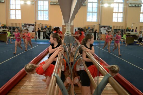 Gymnastics training session at Manege sports complex in Veliky Novgorod