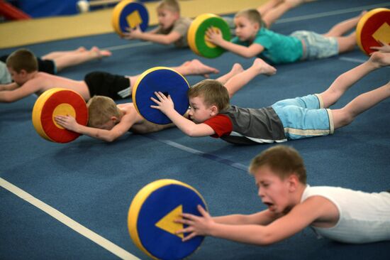 Gymnastics training session at Manege sports complex in Veliky Novgorod