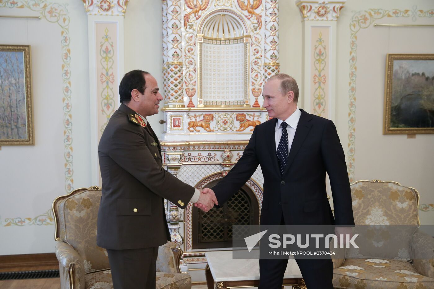 From right: Russian President Vladimir Putin meeting with Egypt's Defense Minister Abdel Fattah el-Sisi at the presidential residence in Novo-Ogaryovo, February 13, 2014. Location: Russia, Moscow region, Novo-Ogaryovo. Author: Mihail Metzel/POOL/Sputnik. Vladimir Putin meets with Abdel Fattah el-Sisi