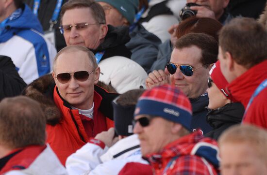 V.Putin and D.Medvedev attend Olympic cross-country skiing competition in Sochi