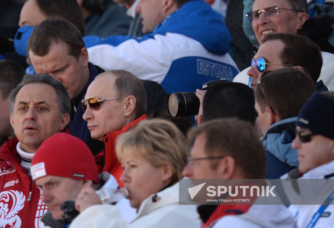 V.Putin and D.Medvedev attend Olympic cross-country skiing competition in Sochi