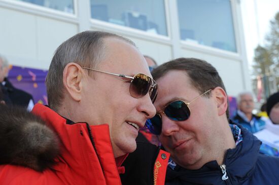 V.Putin and D.Medvedev attend Olympic cross-country skiing competition in Sochi