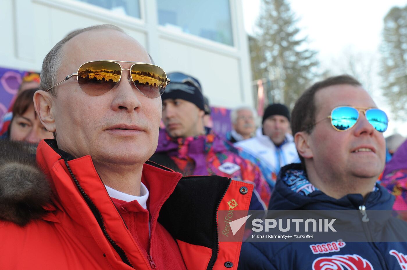 V.Putin and D.Medvedev attend Olympic cross-country skiing competition in Sochi