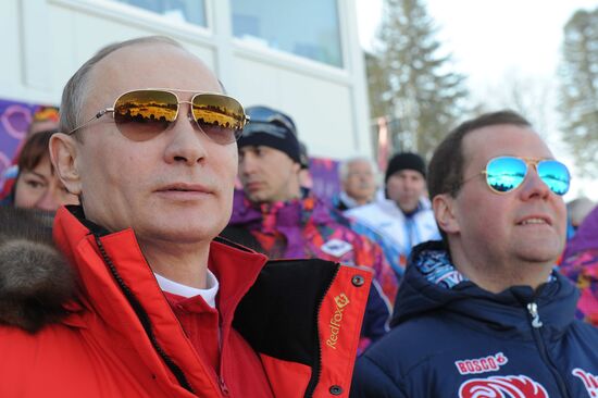 V.Putin and D.Medvedev attend Olympic cross-country skiing competition in Sochi