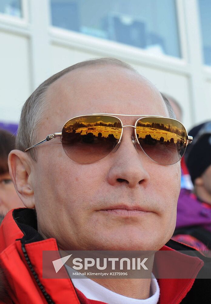 V.Putin and D.Medvedev attend Olympic cross-country skiing competition in Sochi