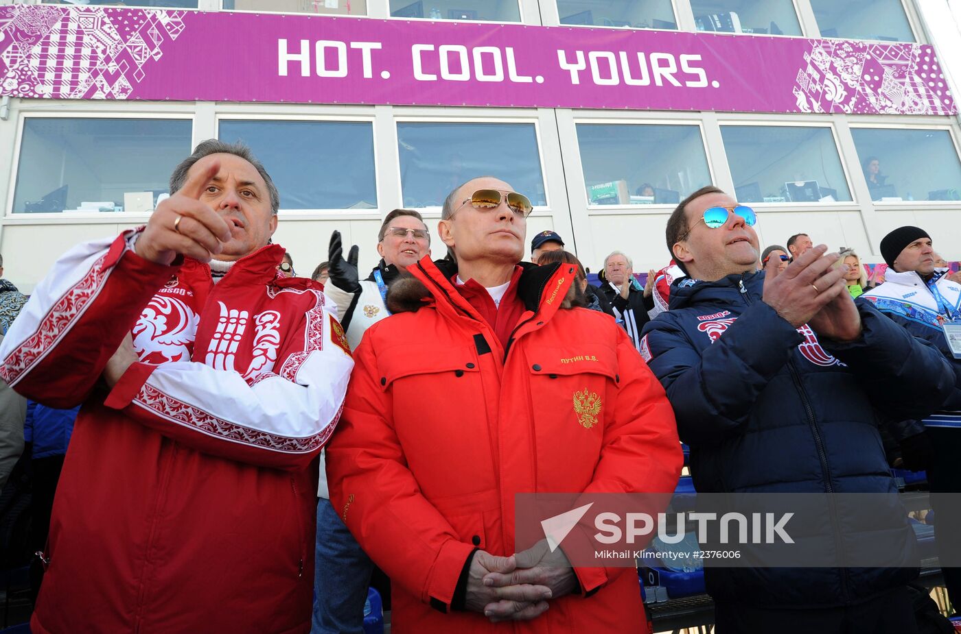 V.Putin and D.Medvedev attend Olympic cross-country skiing competition in Sochi