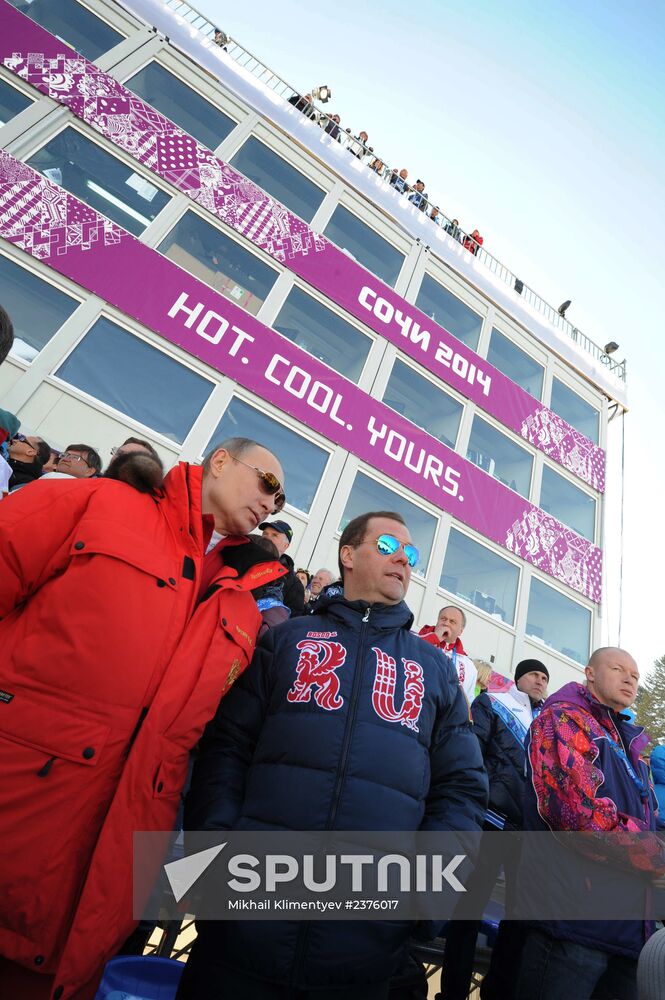 V.Putin and D.Medvedev attend Olympic cross-country skiing competition in Sochi