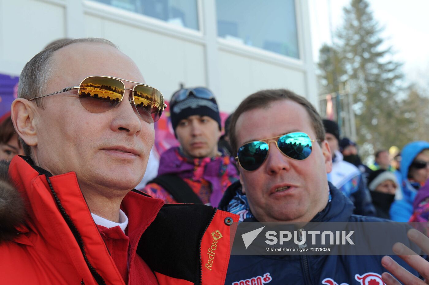 V.Putin and D.Medvedev attend Olympic cross-country skiing competition in Sochi