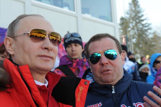 V.Putin and D.Medvedev attend Olympic cross-country skiing competition in Sochi
