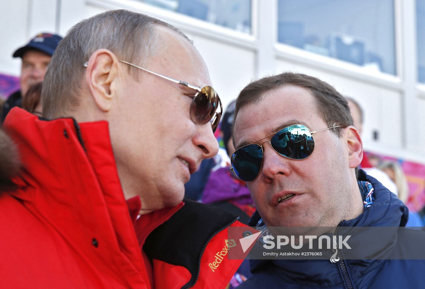 V.Putin and D.Medvedev attend Olympic cross-country skiing competition in Sochi