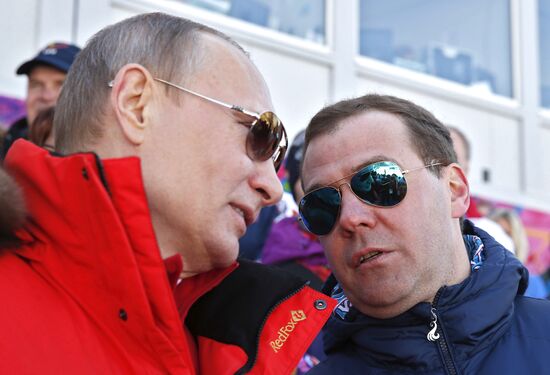 V.Putin and D.Medvedev attend Olympic cross-country skiing competition in Sochi