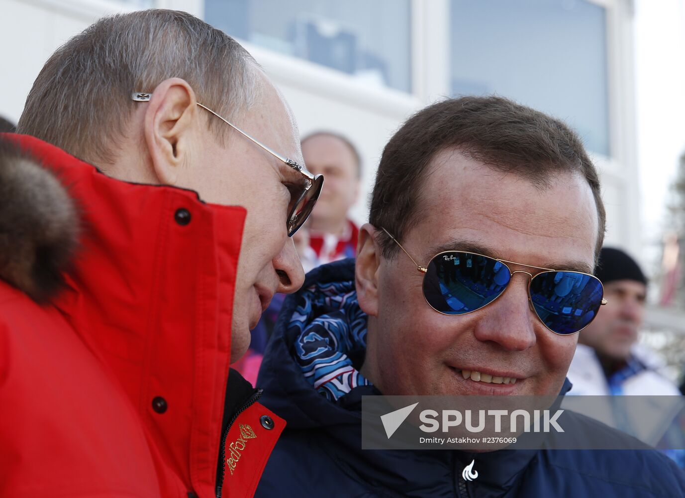 V.Putin and D.Medvedev attend Olympic cross-country skiing competition in Sochi