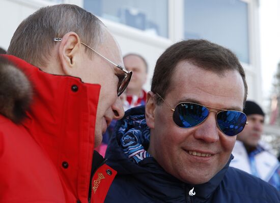 V.Putin and D.Medvedev attend Olympic cross-country skiing competition in Sochi
