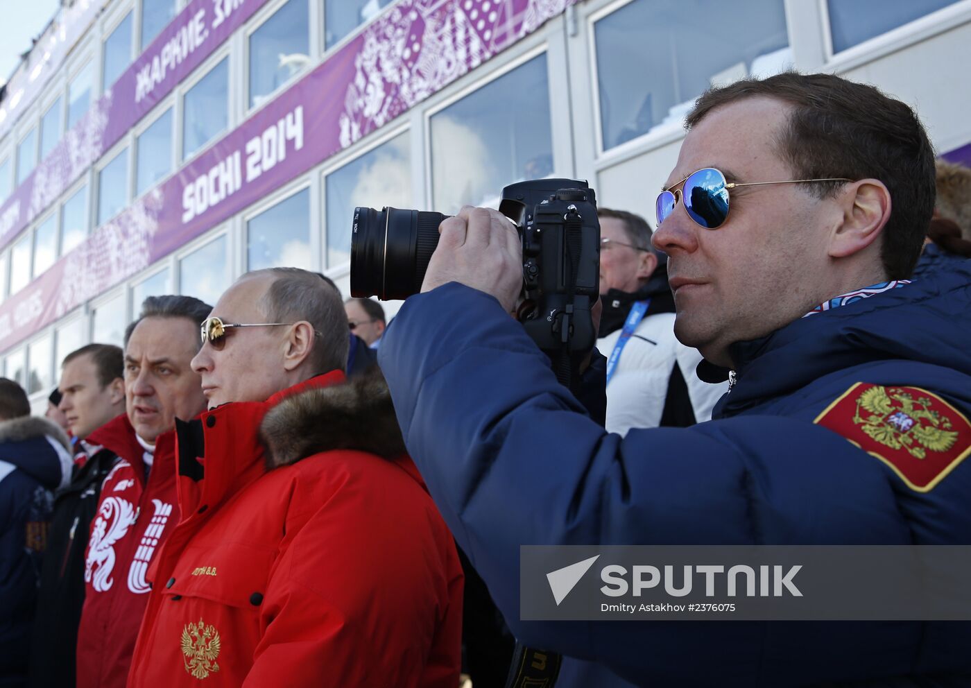 V.Putin and D.Medvedev attend Olympic cross-country skiing competition in Sochi