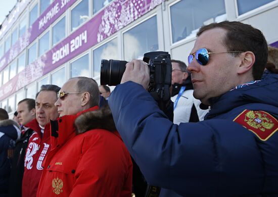 V.Putin and D.Medvedev attend Olympic cross-country skiing competition in Sochi