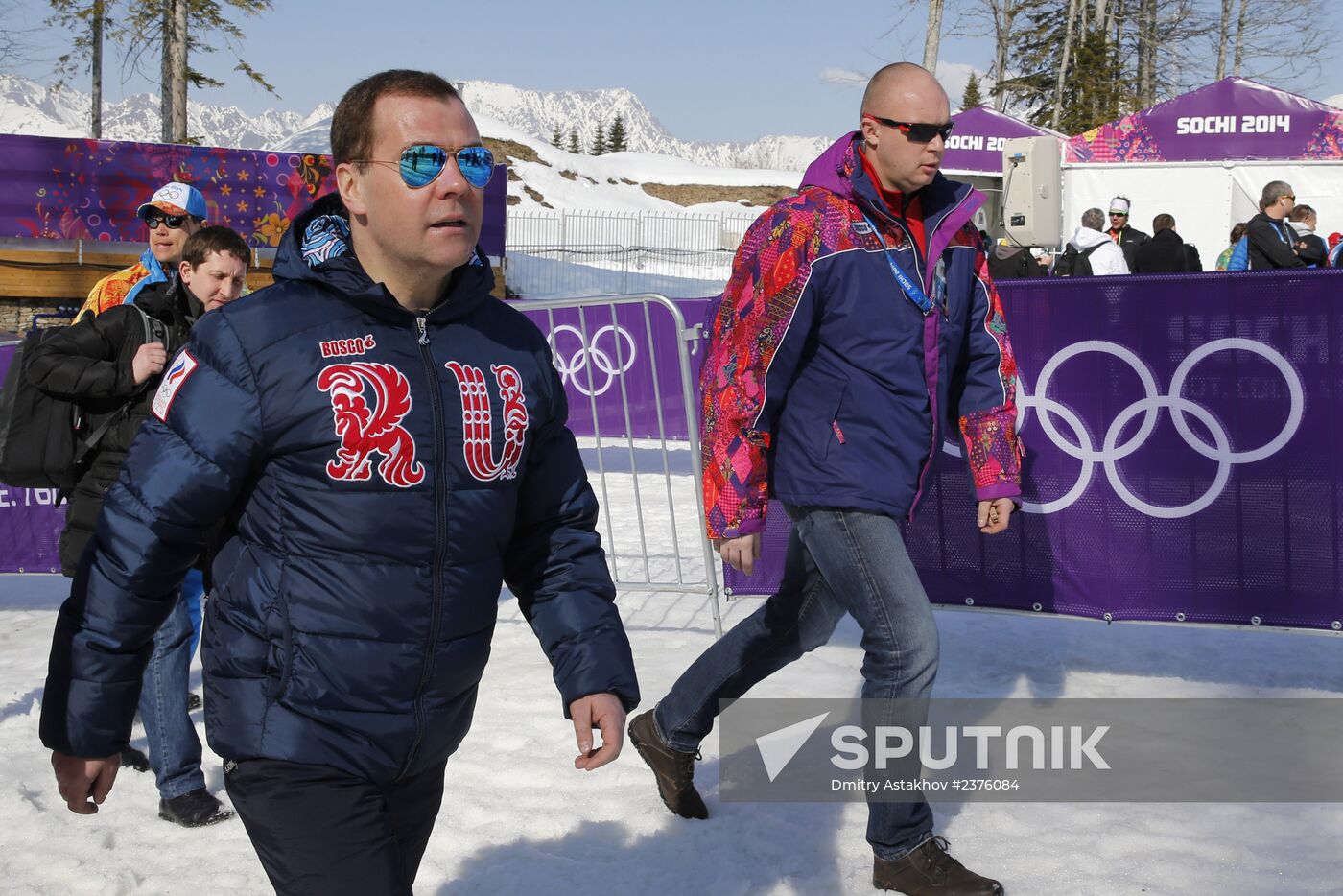 V.Putin and D.Medvedev attend Olympic cross-country skiing competition in Sochi