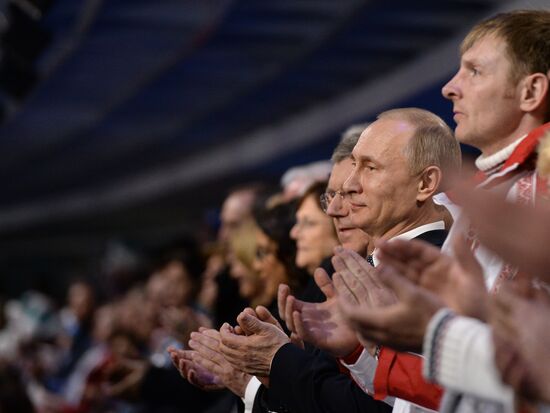 Vladimir Putin and Dmitry Medvedev at closing ceremony of XXII Olympic Winter Games in Sochi